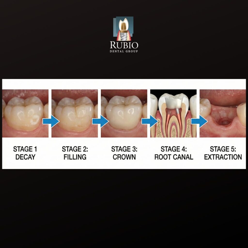 Treatment path infographic white spots → filling → crown → root canal → extraction